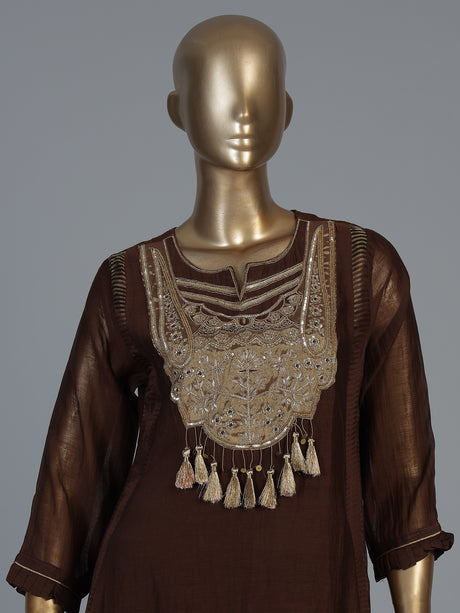 Dark brown tissue silk anarkali salwar suit with stylish dupatta pant
