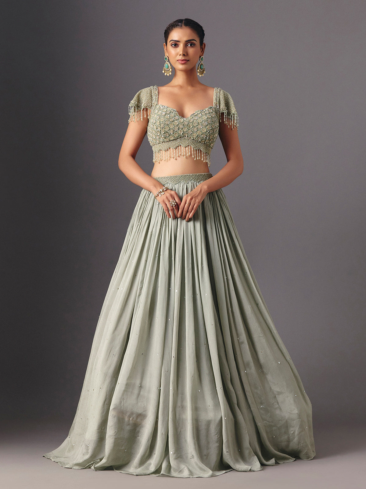 Sage green chiffon georgette designer lehenga choli for party wear