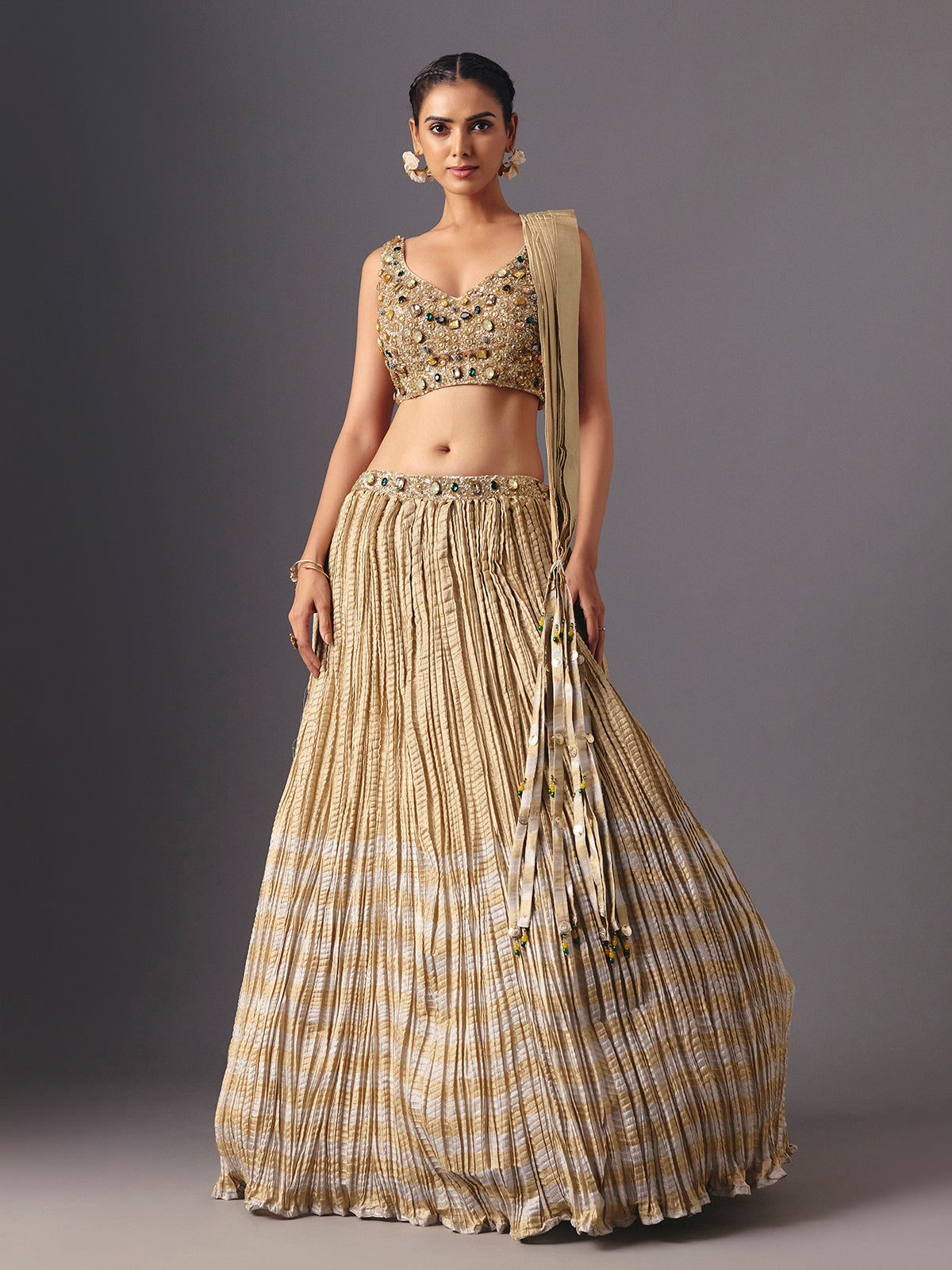 Pastel beige silk designer lehenga choli with elegant dupatta style