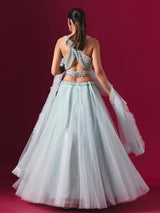 Mint blue net designer lehenga choli with elegant dupatta style
