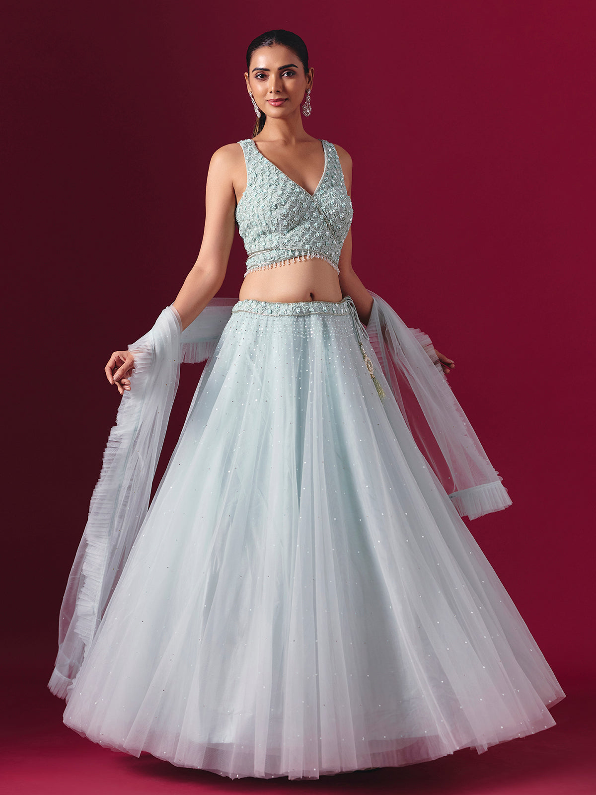 Mint blue net designer lehenga choli with elegant dupatta style