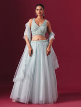 Mint blue net designer lehenga choli with elegant dupatta style