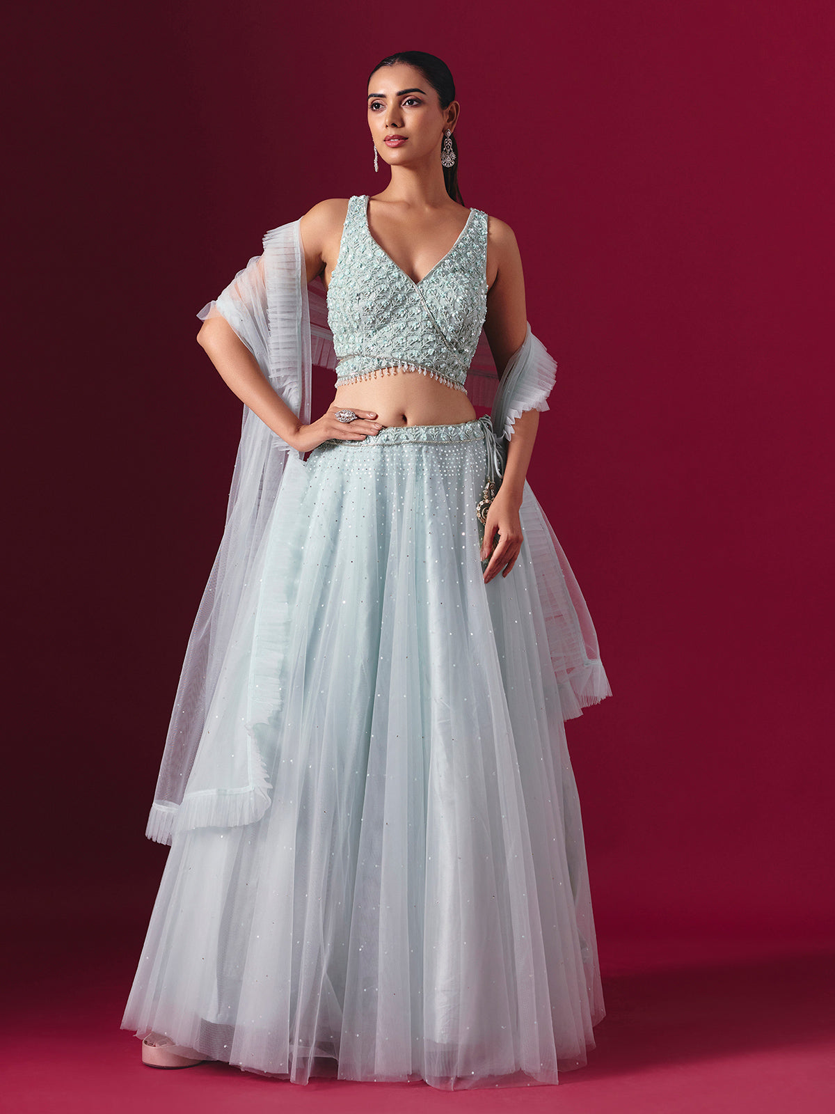 Mint blue net designer lehenga choli with elegant dupatta style