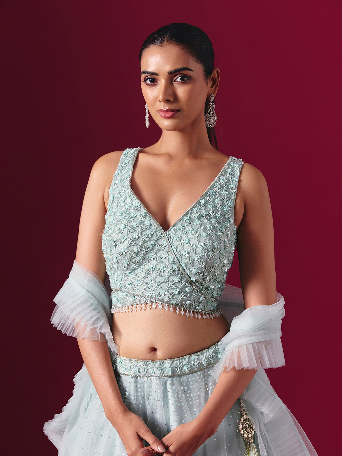 Mint blue net designer lehenga choli with elegant dupatta style