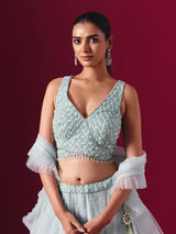 Mint blue net designer lehenga choli with elegant dupatta style