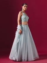 Mint blue net designer lehenga choli with elegant dupatta style