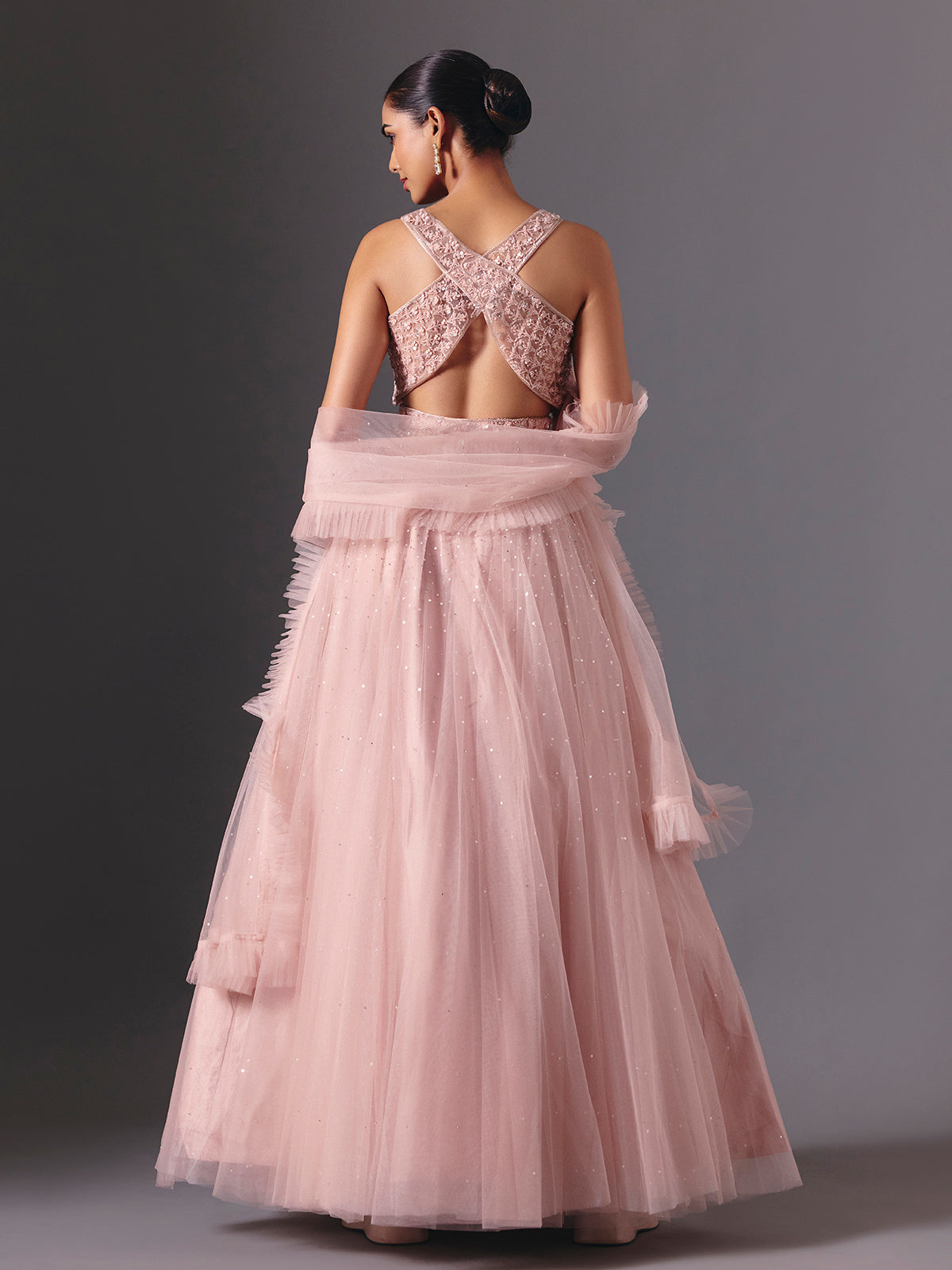 Onion pink net designer lehenga choli with elegant dupatta style
