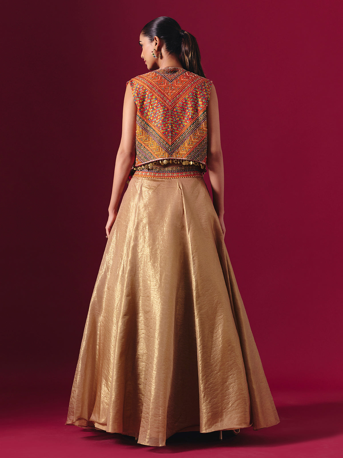 Orange and gold tissue silk jacket style designer lehenga choli