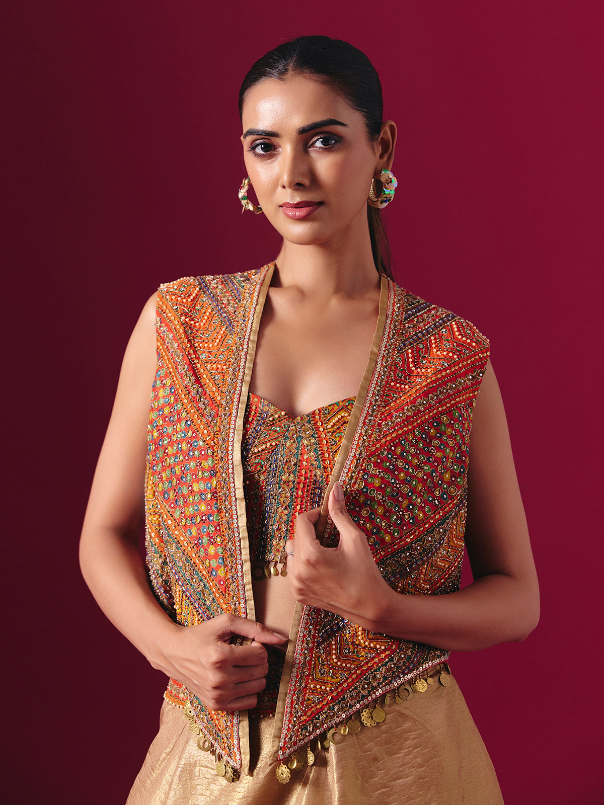 Orange and gold tissue silk jacket style designer lehenga choli