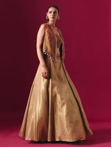 Orange and gold tissue silk jacket style designer lehenga choli