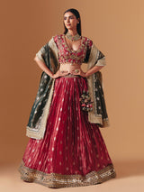 Maroon crushed tissue silk designer lehenga choli with contrast dupatta