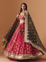 Maroon crushed tissue silk designer lehenga choli with contrast dupatta