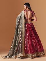 Maroon crushed tissue silk designer lehenga choli with contrast dupatta