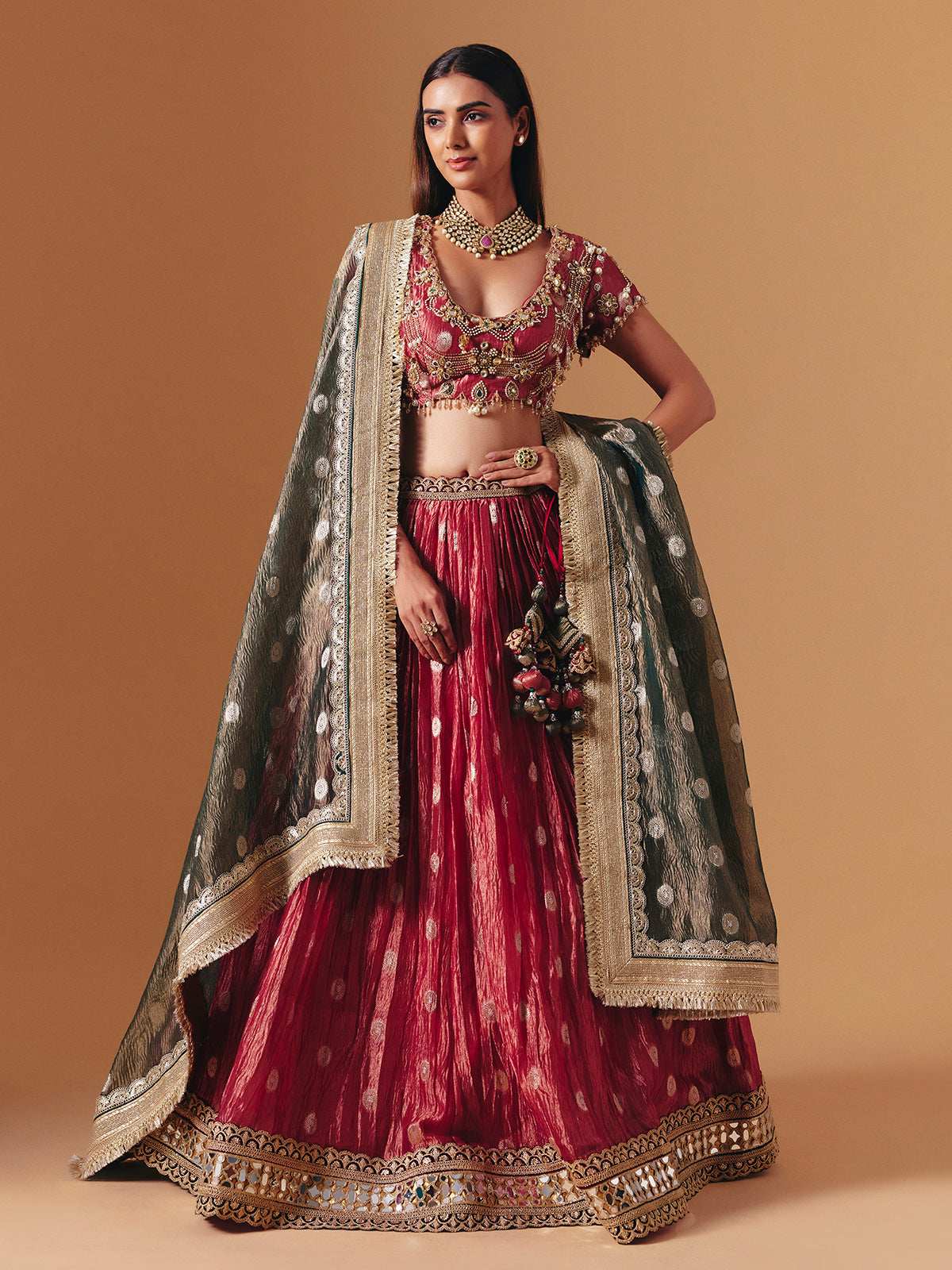 Maroon crushed tissue silk designer lehenga choli with contrast dupatta