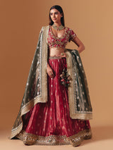 Maroon crushed tissue silk designer lehenga choli with contrast dupatta