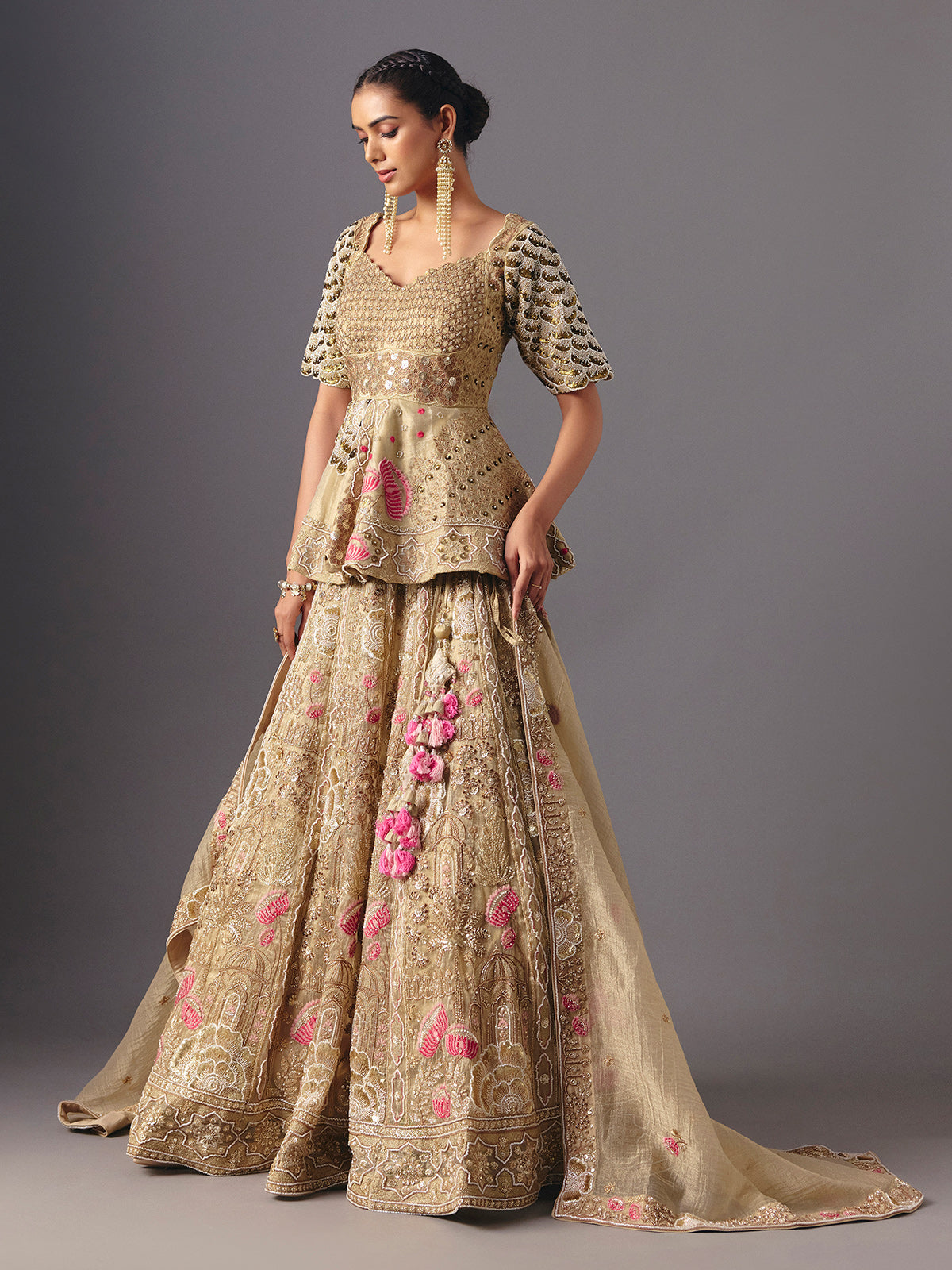 Golden tissue silk designer lehenga choli with elegant dupatta grace