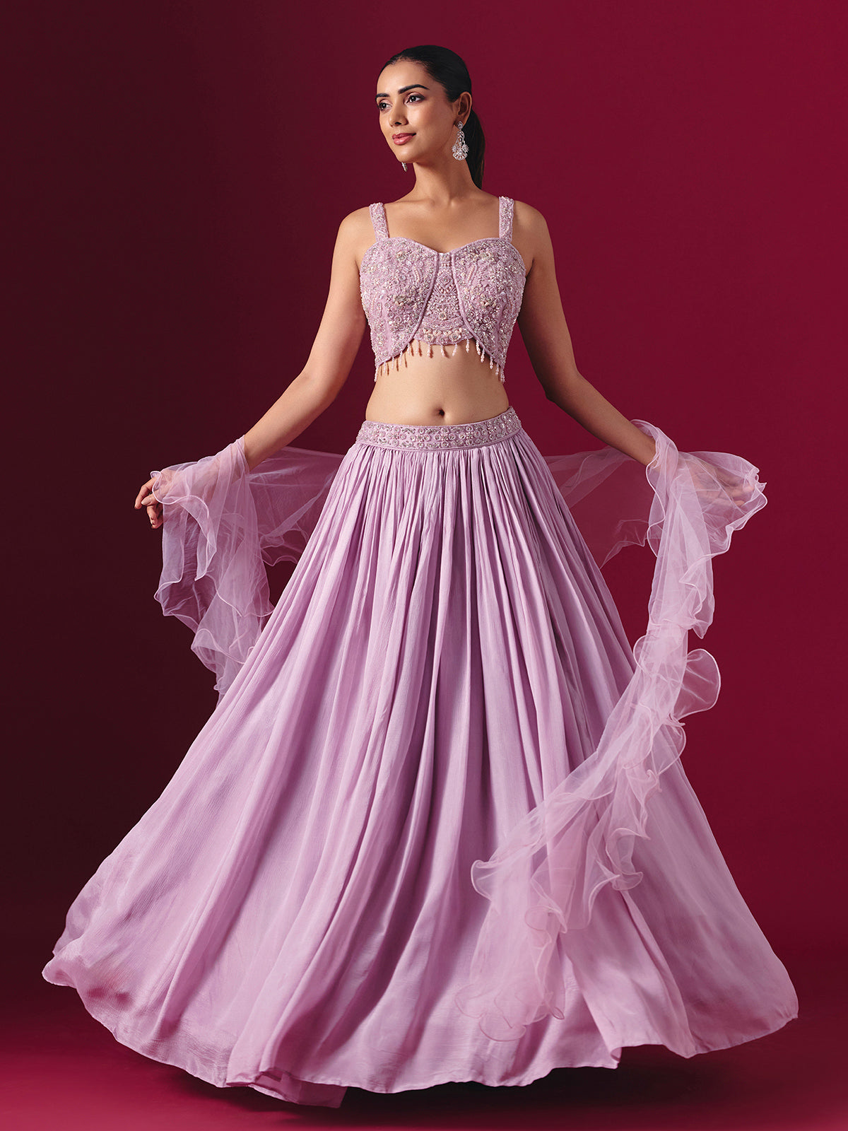Lilac purple chiffon designer lehenga choli with ruffle dupatta style