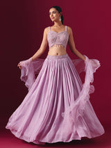Lilac purple chiffon designer lehenga choli with ruffle dupatta style