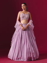 Lilac purple chiffon designer lehenga choli with ruffle dupatta style
