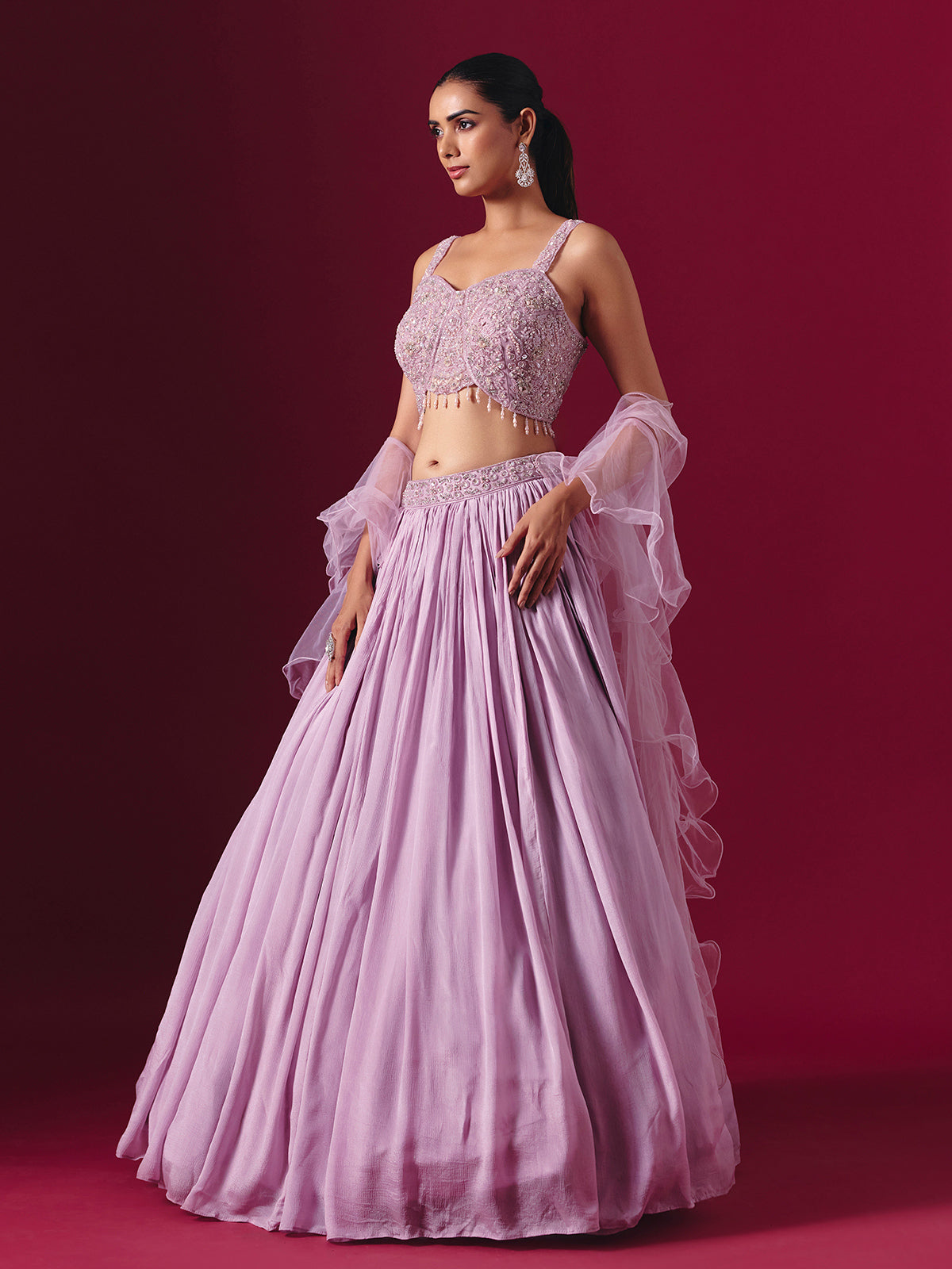 Lilac purple chiffon designer lehenga choli with ruffle dupatta style