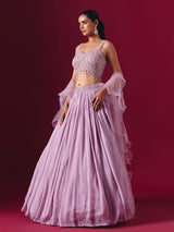 Lilac purple chiffon designer lehenga choli with ruffle dupatta style