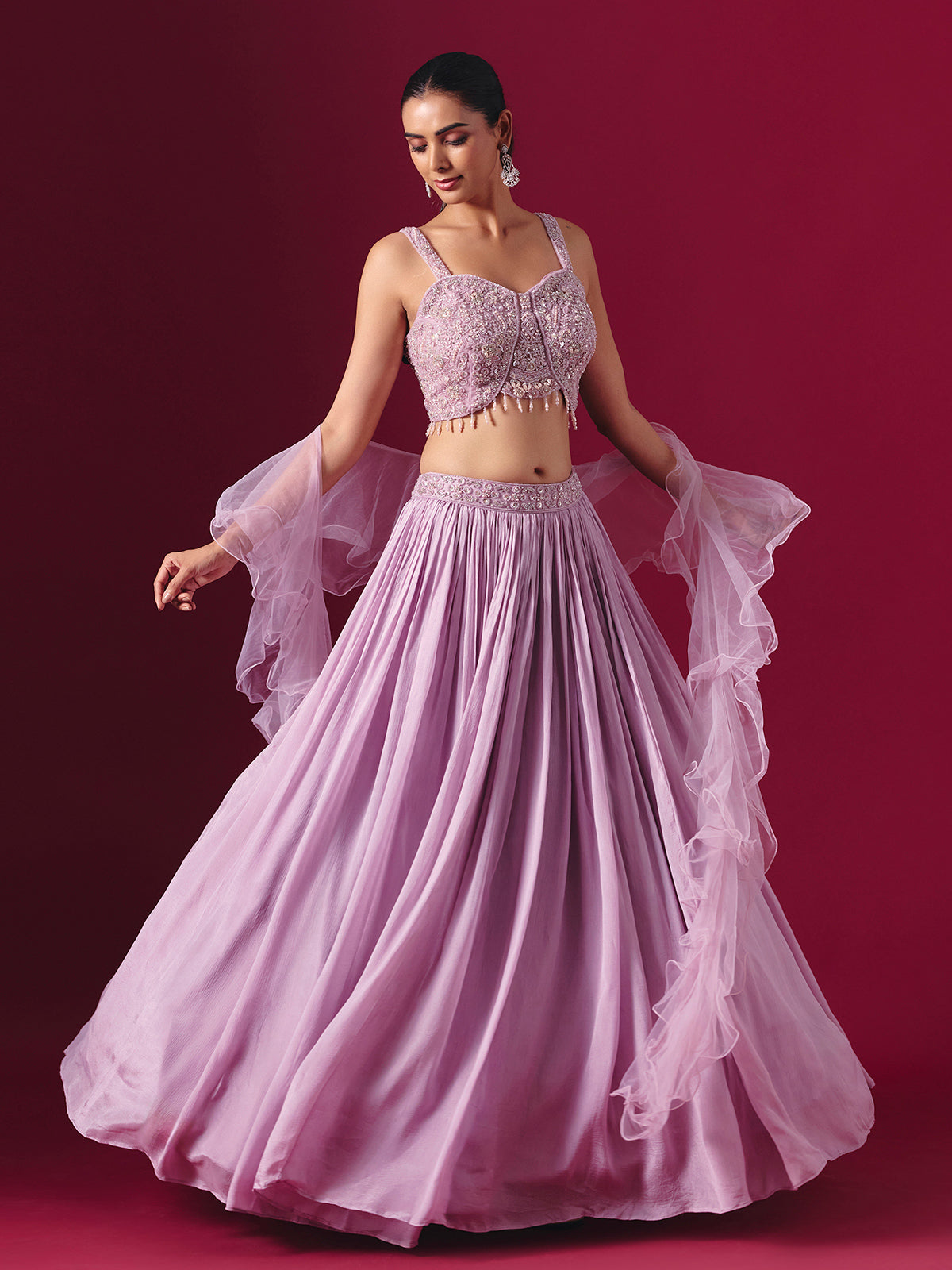 Lilac purple chiffon designer lehenga choli with ruffle dupatta style