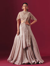 Beige crushed tissue silk designer lehenga choli with attached dupatta