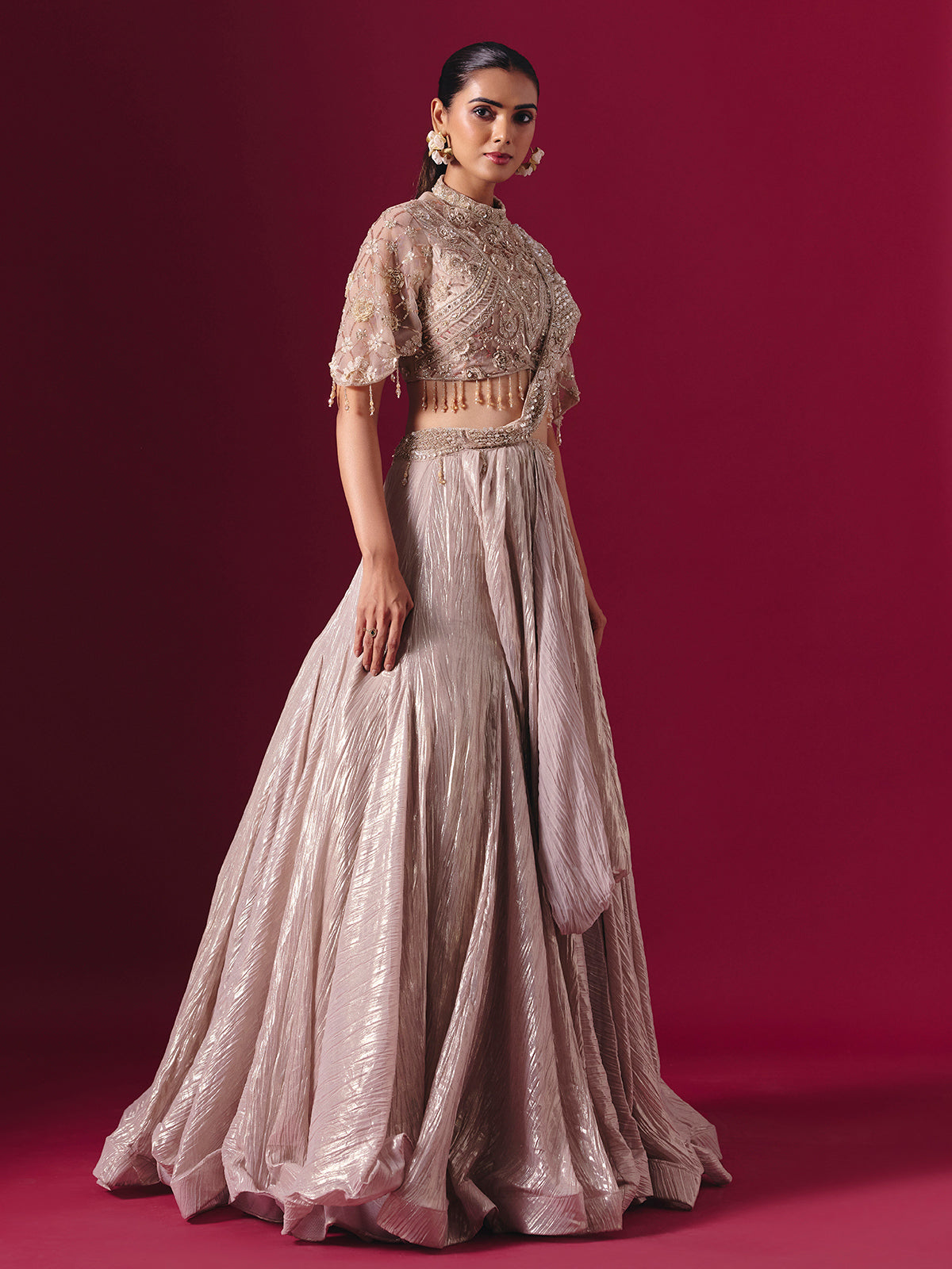 Beige crushed tissue silk designer lehenga choli with attached dupatta