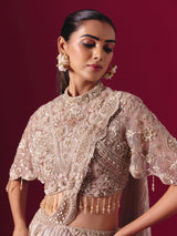 Beige crushed tissue silk designer lehenga choli with attached dupatta