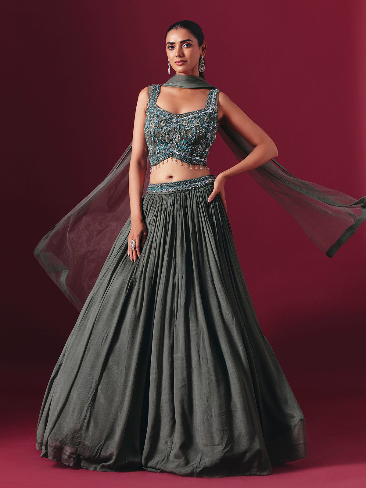 Charcoal grey chiffon georgette designer lehenga choli with elegant dupatta style