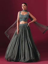 Charcoal grey chiffon georgette designer lehenga choli with elegant dupatta style