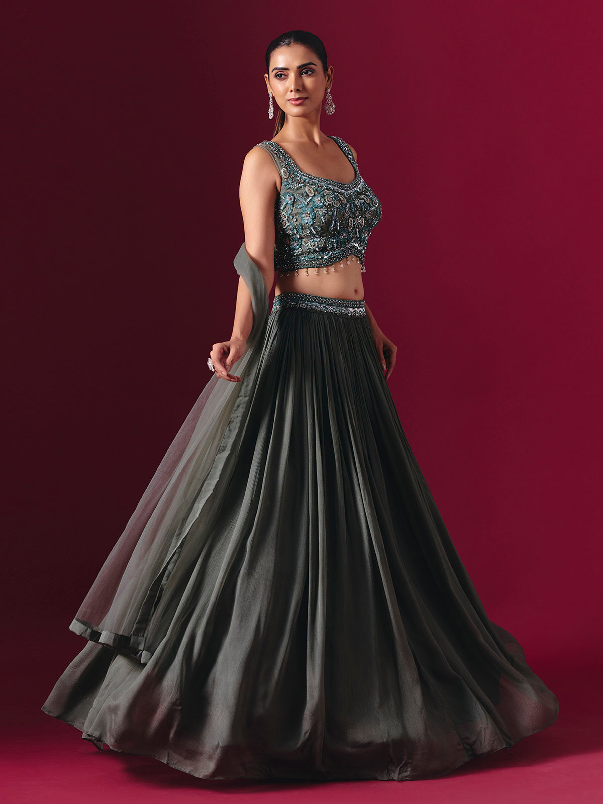 Charcoal grey chiffon georgette designer lehenga choli with elegant dupatta style