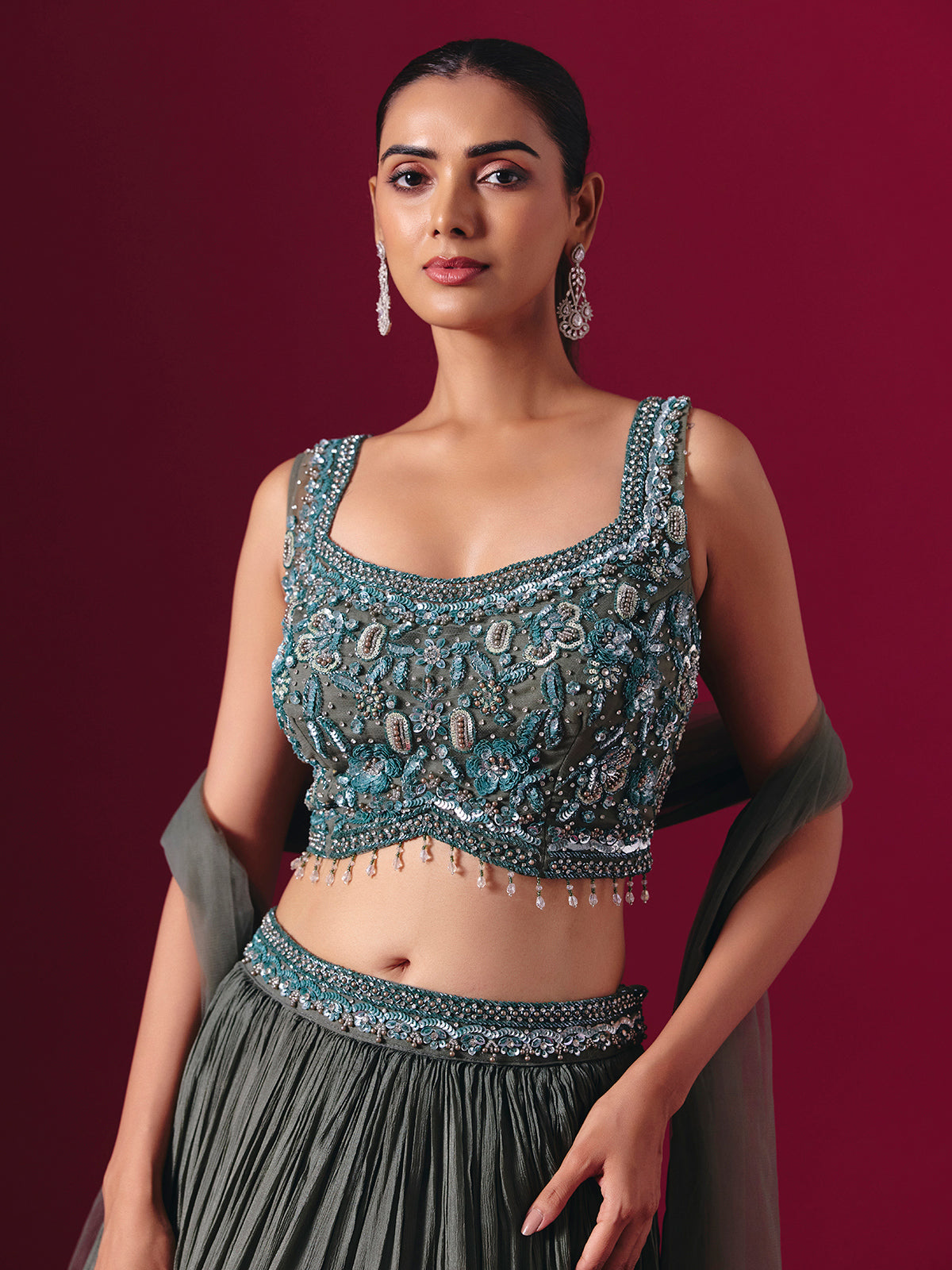 Charcoal grey chiffon georgette designer lehenga choli with elegant dupatta style