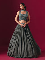 Charcoal grey chiffon georgette designer lehenga choli with elegant dupatta style