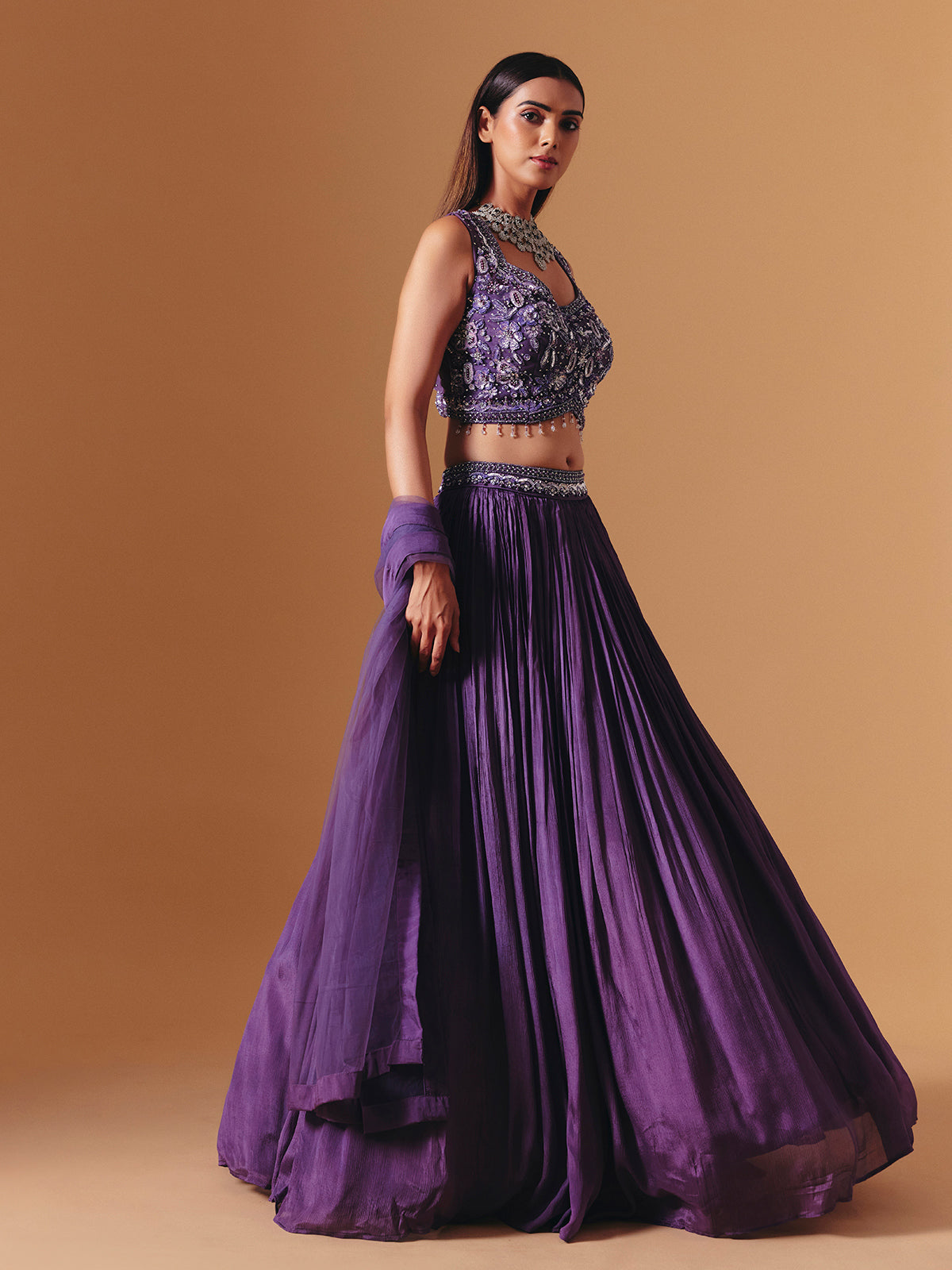 Dark purple chiffon georgette designer lehenga choli with elegant dupatta