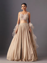 Beige chiffon georgette designer lehenga choli with ruffle dupatta elegance