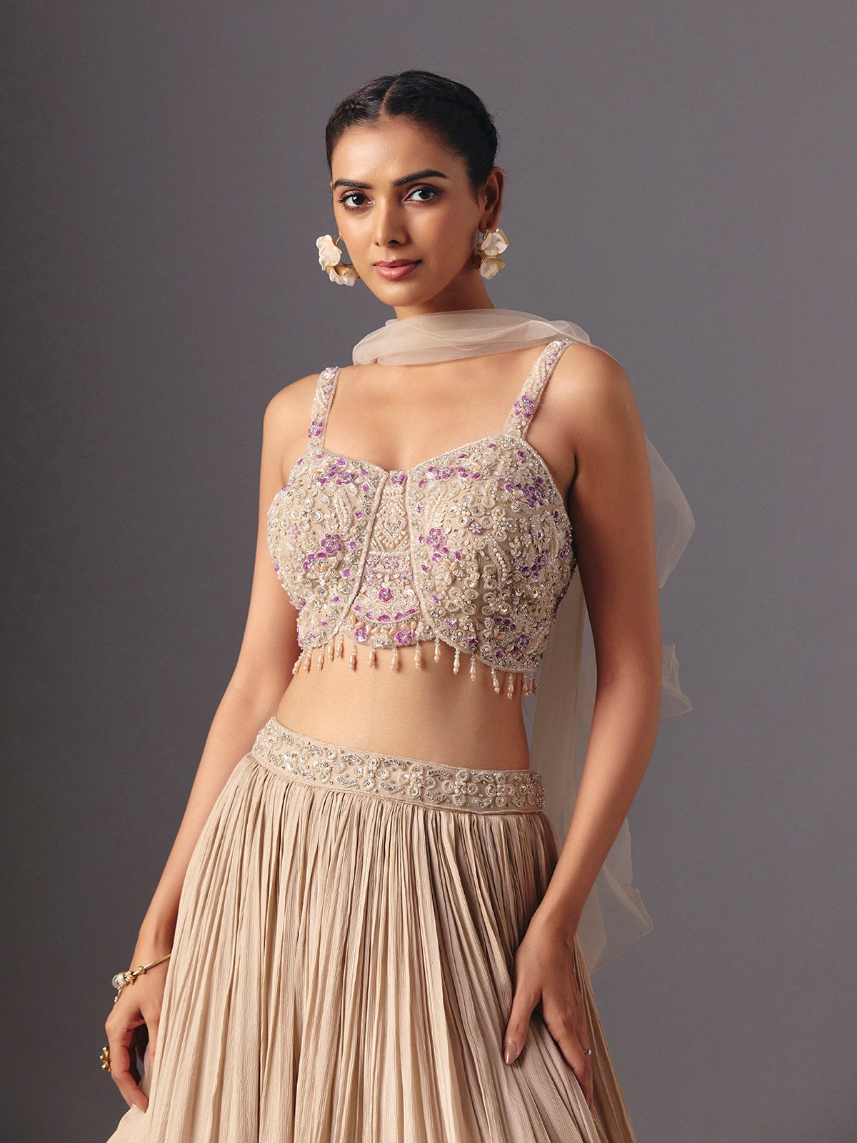 Beige chiffon georgette designer lehenga choli with ruffle dupatta elegance