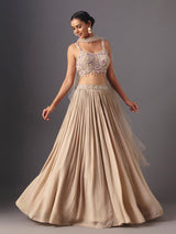 Beige chiffon georgette designer lehenga choli with ruffle dupatta elegance