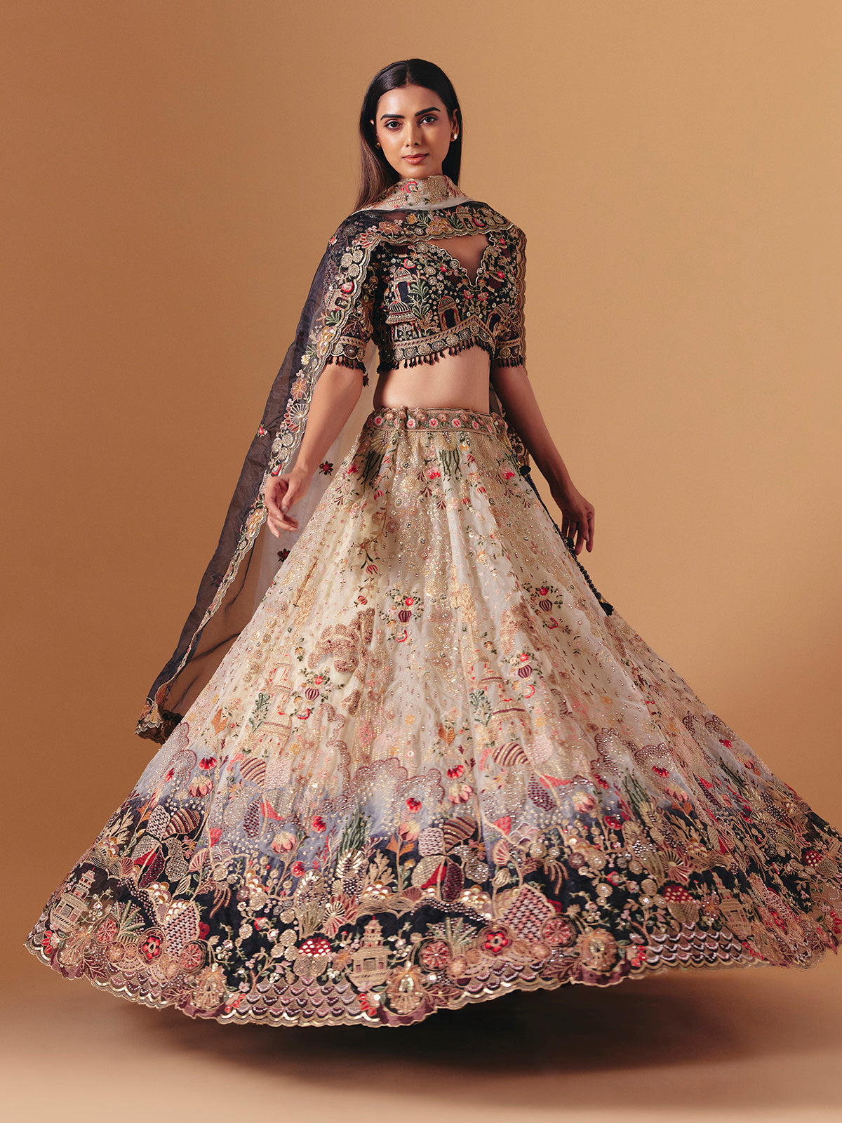 Cream and black silk designer lehenga choli with dupatta style