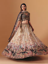 Cream and black silk designer lehenga choli with dupatta style