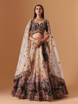 Cream and black silk designer lehenga choli with dupatta style