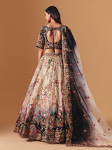 Cream and black silk designer lehenga choli with dupatta style
