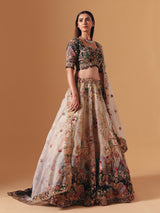 Cream and black silk designer lehenga choli with dupatta style
