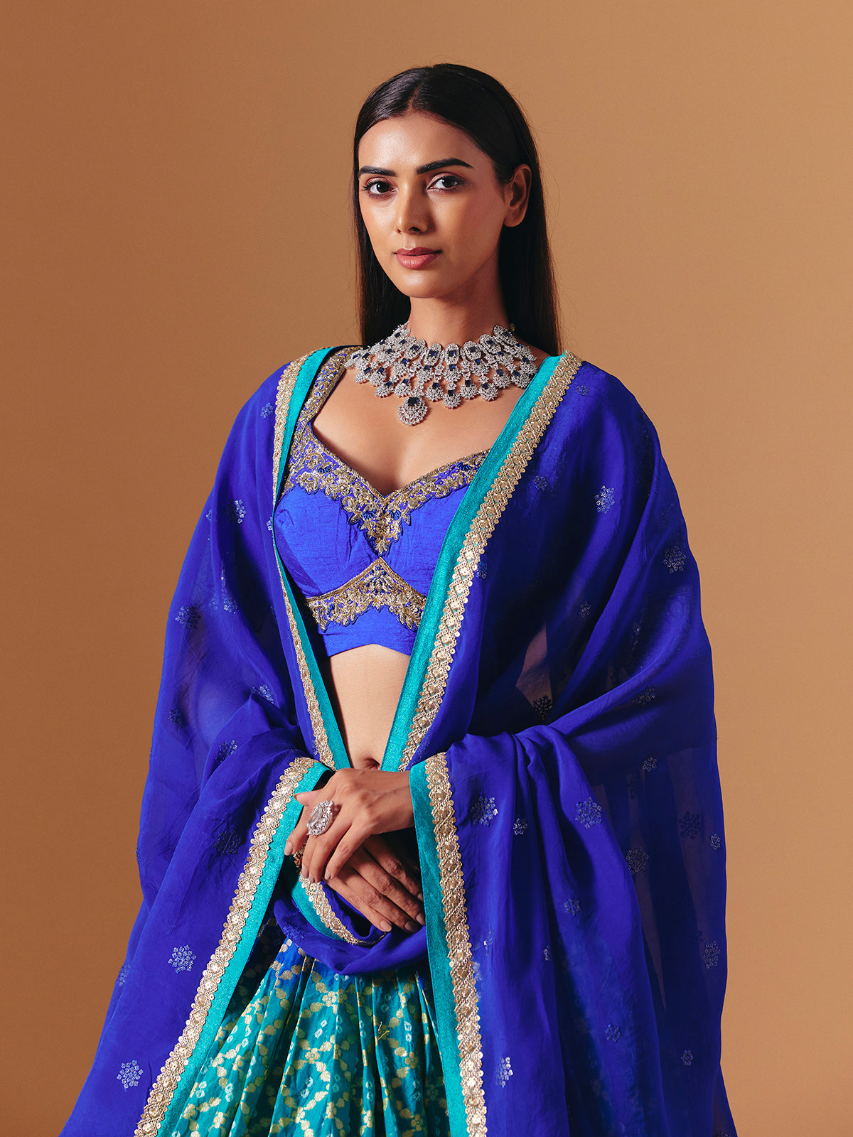 Blue and green silk designer lehenga choli with shaded