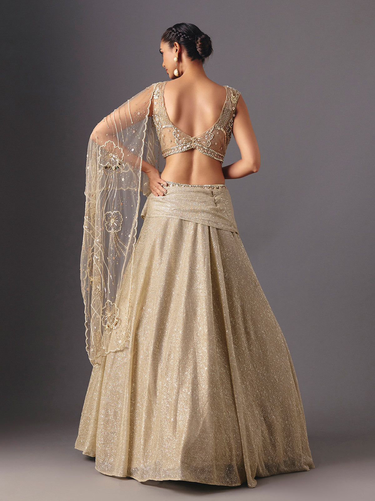 Cream lehenga choli with stylish pre draped dupatta