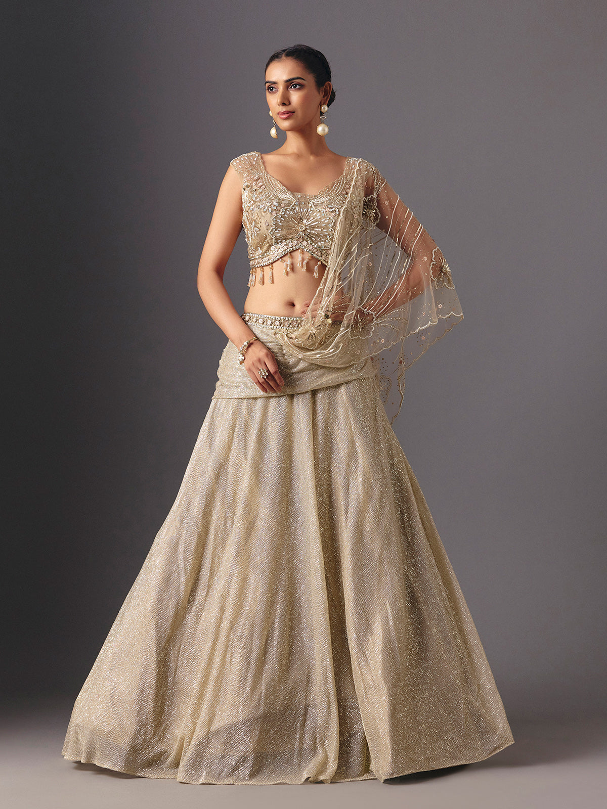 Cream lehenga choli with stylish pre draped dupatta
