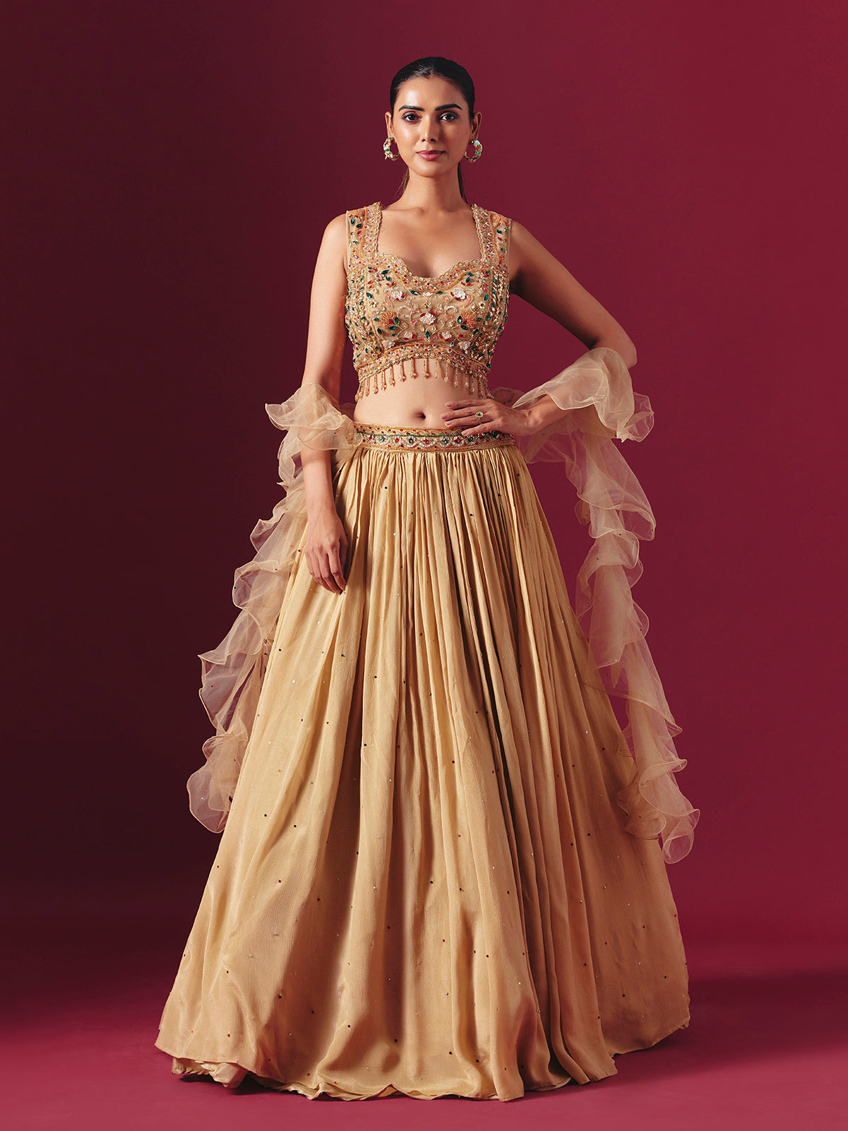 Dark beige party wear lehenga choli with ruffle dupatta