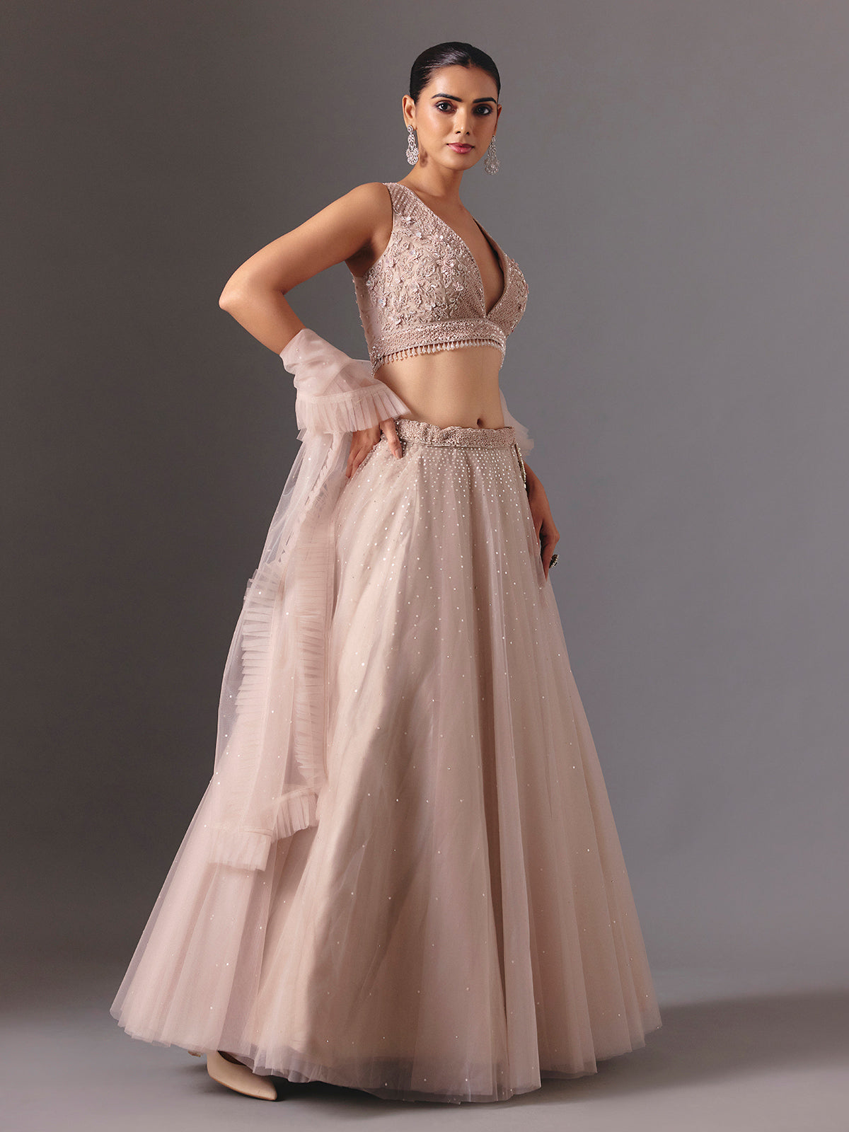 Beige net designer lehenga choli with elegant dupatta glamour style