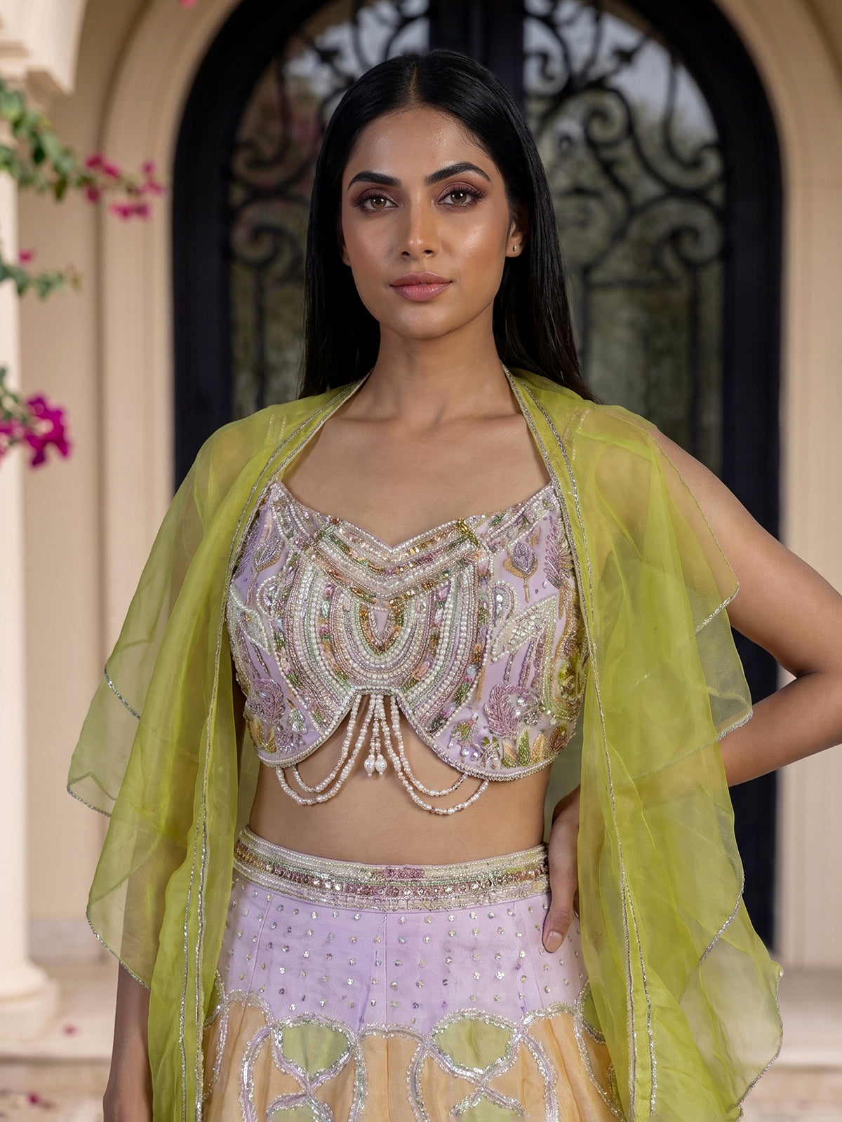 Purple silk ruffle cape designer lehenga look