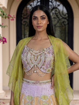 Purple silk ruffle cape designer lehenga look